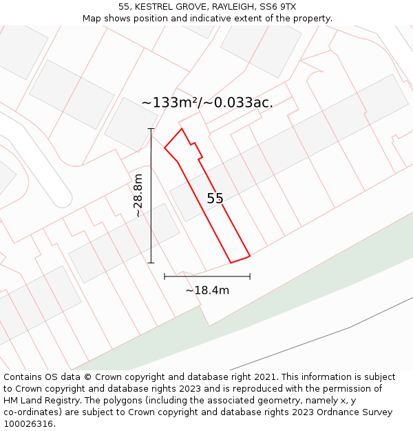 55, KESTREL GROVE, RAYLEIGH, SS6 9TX: Plot and title map