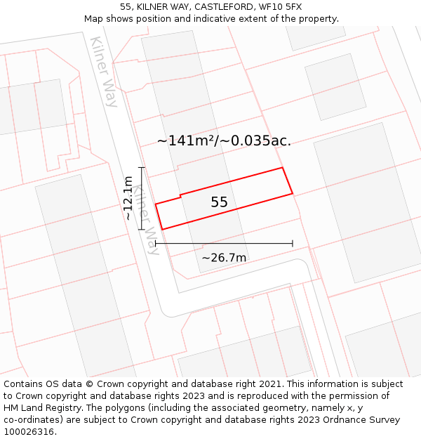 55, KILNER WAY, CASTLEFORD, WF10 5FX: Plot and title map