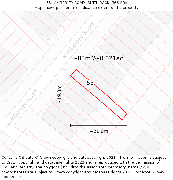 55, KIMBERLEY ROAD, SMETHWICK, B66 2BX: Plot and title map