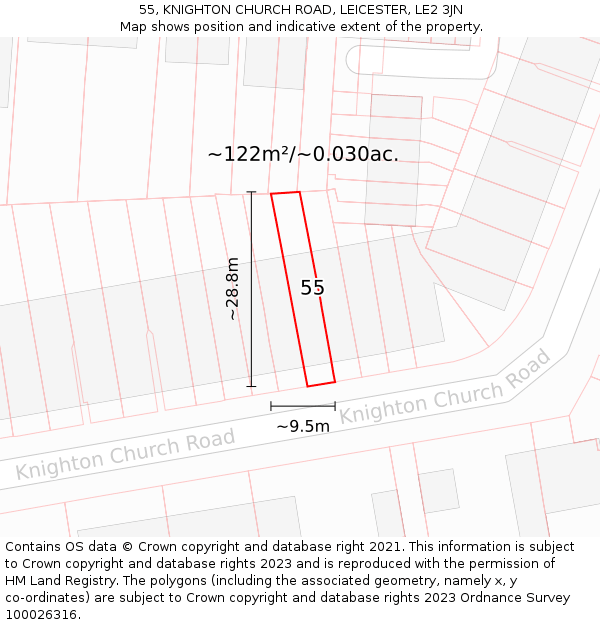 55, KNIGHTON CHURCH ROAD, LEICESTER, LE2 3JN: Plot and title map