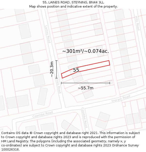 55, LAINES ROAD, STEYNING, BN44 3LL: Plot and title map