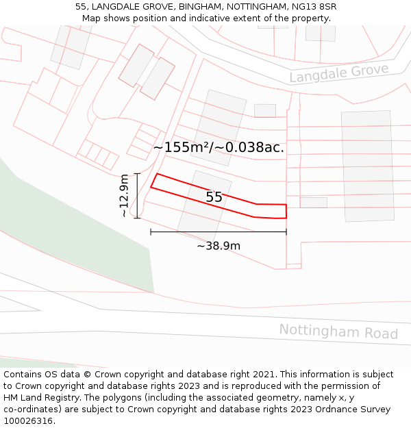 55, LANGDALE GROVE, BINGHAM, NOTTINGHAM, NG13 8SR: Plot and title map