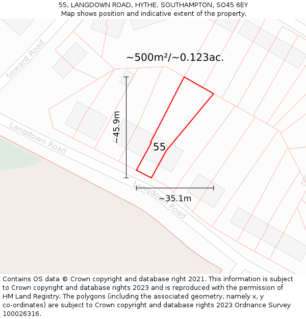 55, LANGDOWN ROAD, HYTHE, SOUTHAMPTON, SO45 6EY: Plot and title map
