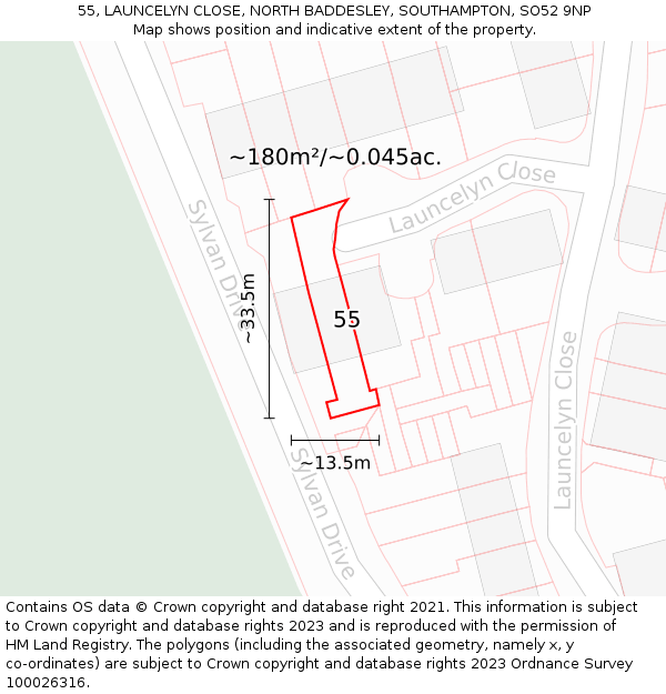 55, LAUNCELYN CLOSE, NORTH BADDESLEY, SOUTHAMPTON, SO52 9NP: Plot and title map