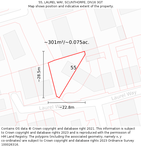 55, LAUREL WAY, SCUNTHORPE, DN16 3GT: Plot and title map