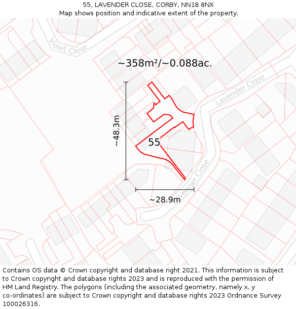 55, LAVENDER CLOSE, CORBY, NN18 8NX: Plot and title map
