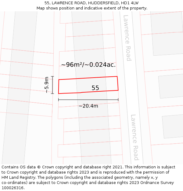 55, LAWRENCE ROAD, HUDDERSFIELD, HD1 4LW: Plot and title map