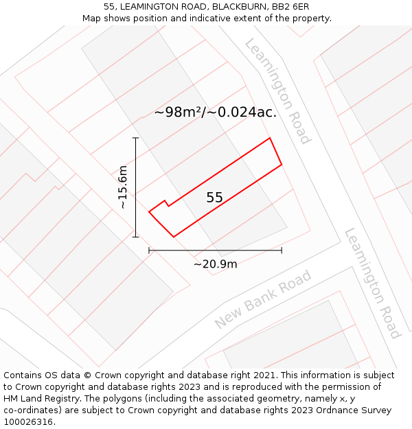 55, LEAMINGTON ROAD, BLACKBURN, BB2 6ER: Plot and title map