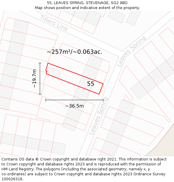 55, LEAVES SPRING, STEVENAGE, SG2 9BD: Plot and title map