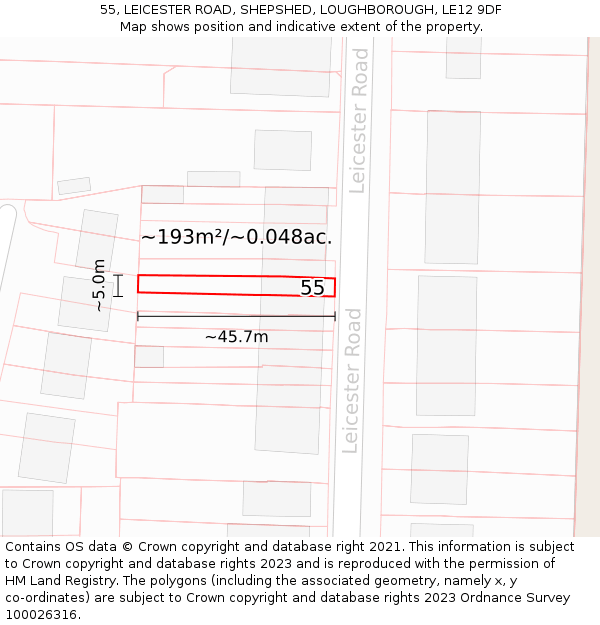 55, LEICESTER ROAD, SHEPSHED, LOUGHBOROUGH, LE12 9DF: Plot and title map