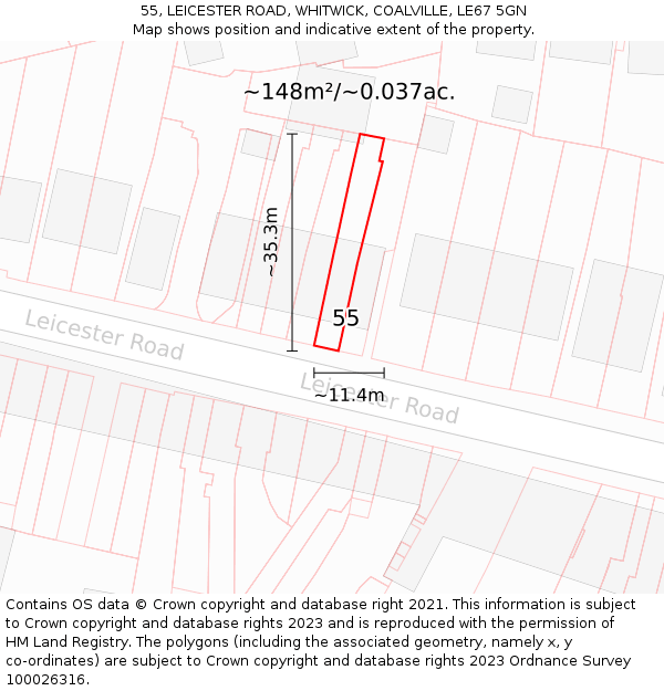 55, LEICESTER ROAD, WHITWICK, COALVILLE, LE67 5GN: Plot and title map