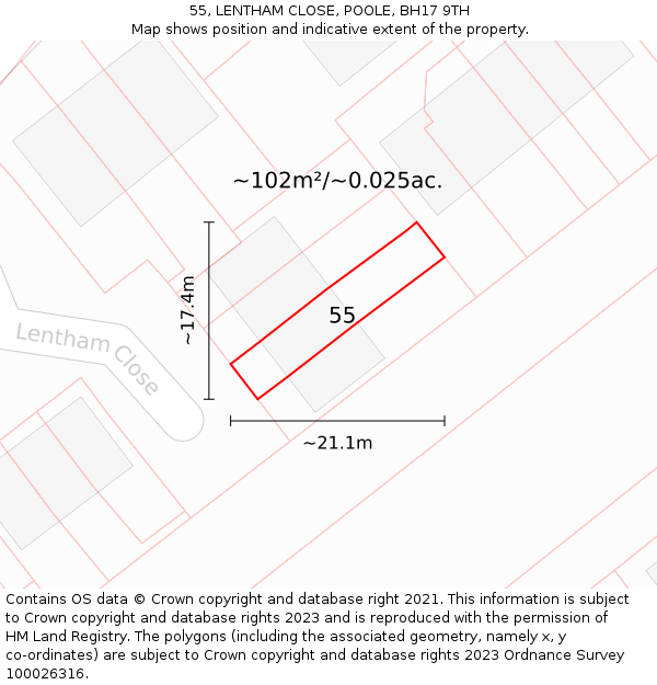 55, LENTHAM CLOSE, POOLE, BH17 9TH: Plot and title map