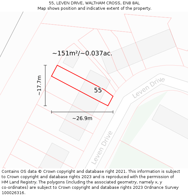 55, LEVEN DRIVE, WALTHAM CROSS, EN8 8AL: Plot and title map