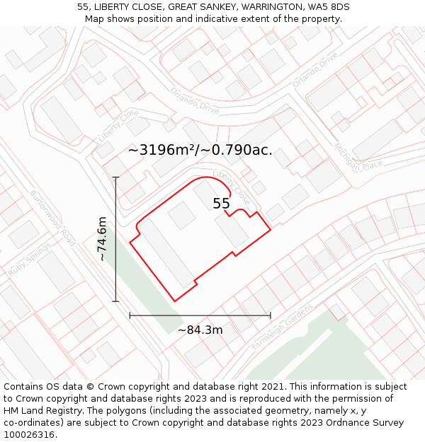 55, LIBERTY CLOSE, GREAT SANKEY, WARRINGTON, WA5 8DS: Plot and title map