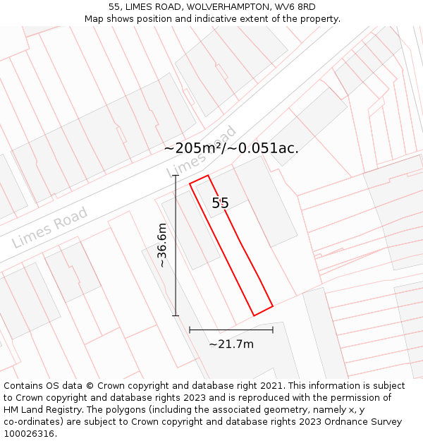 55, LIMES ROAD, WOLVERHAMPTON, WV6 8RD: Plot and title map