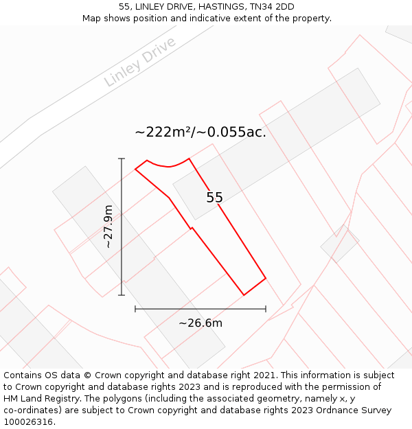 55, LINLEY DRIVE, HASTINGS, TN34 2DD: Plot and title map