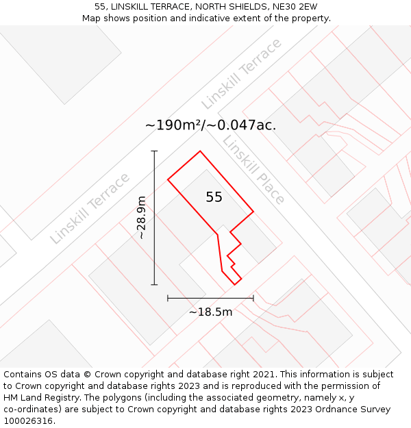 55, LINSKILL TERRACE, NORTH SHIELDS, NE30 2EW: Plot and title map