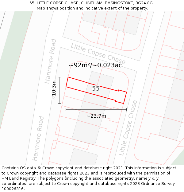 55, LITTLE COPSE CHASE, CHINEHAM, BASINGSTOKE, RG24 8GL: Plot and title map