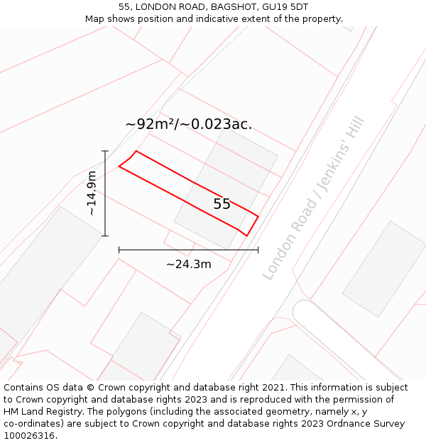 55, LONDON ROAD, BAGSHOT, GU19 5DT: Plot and title map