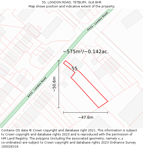 55, LONDON ROAD, TETBURY, GL8 8HR: Plot and title map
