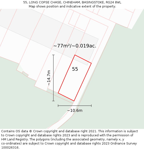 55, LONG COPSE CHASE, CHINEHAM, BASINGSTOKE, RG24 8WL: Plot and title map