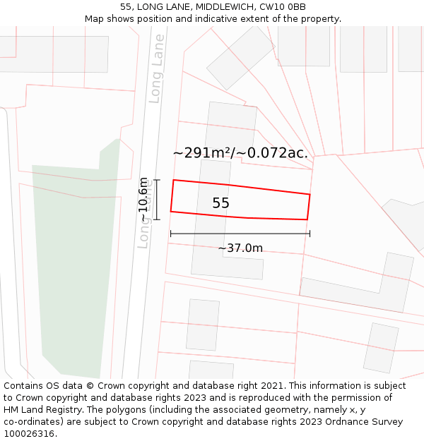 55, LONG LANE, MIDDLEWICH, CW10 0BB: Plot and title map