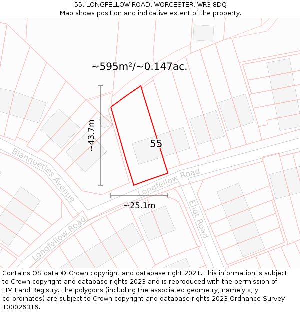 55, LONGFELLOW ROAD, WORCESTER, WR3 8DQ: Plot and title map
