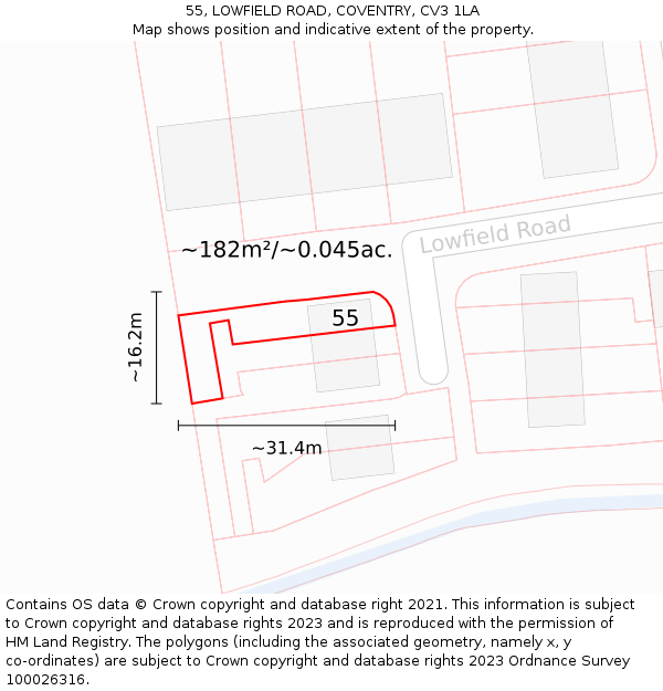 55, LOWFIELD ROAD, COVENTRY, CV3 1LA: Plot and title map