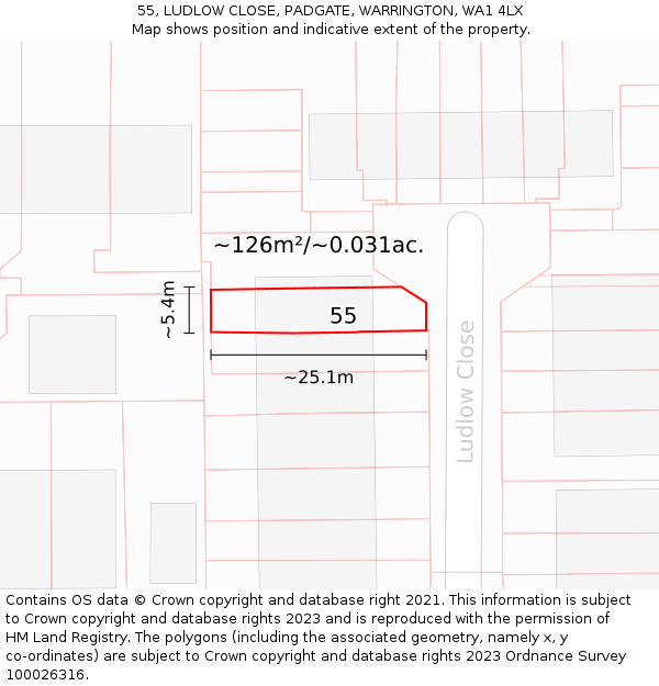 55, LUDLOW CLOSE, PADGATE, WARRINGTON, WA1 4LX: Plot and title map