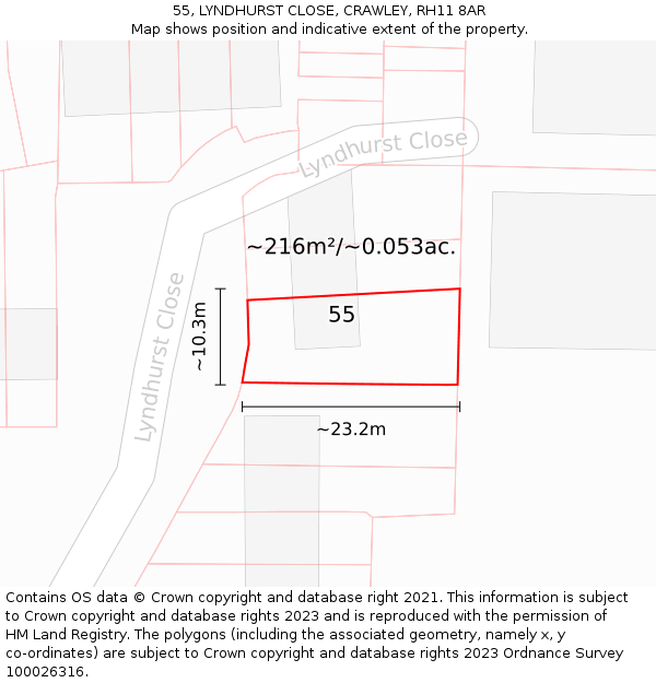 55, LYNDHURST CLOSE, CRAWLEY, RH11 8AR: Plot and title map