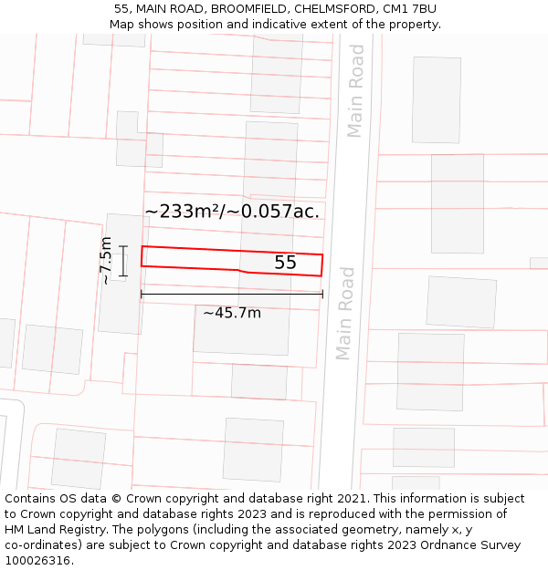 55, MAIN ROAD, BROOMFIELD, CHELMSFORD, CM1 7BU: Plot and title map