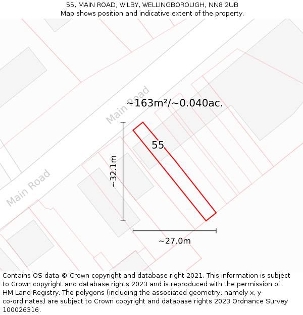 55, MAIN ROAD, WILBY, WELLINGBOROUGH, NN8 2UB: Plot and title map