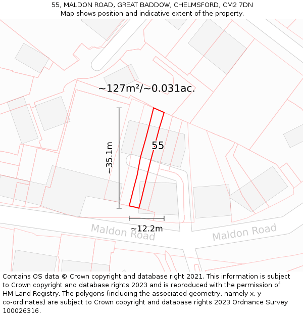 55, MALDON ROAD, GREAT BADDOW, CHELMSFORD, CM2 7DN: Plot and title map