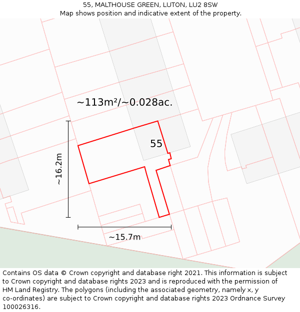 55, MALTHOUSE GREEN, LUTON, LU2 8SW: Plot and title map