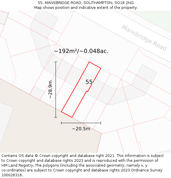 55, MANSBRIDGE ROAD, SOUTHAMPTON, SO18 2NG: Plot and title map