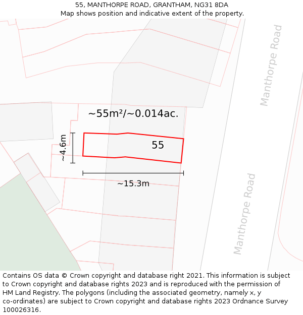 55, MANTHORPE ROAD, GRANTHAM, NG31 8DA: Plot and title map