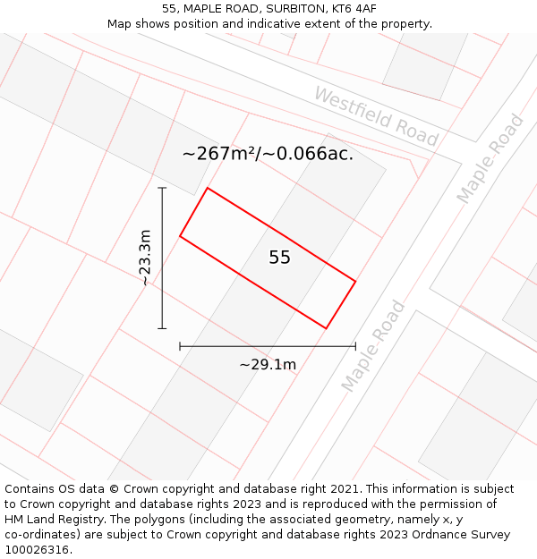 55, MAPLE ROAD, SURBITON, KT6 4AF: Plot and title map