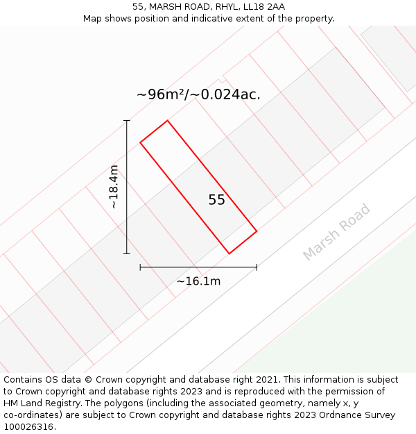 55, MARSH ROAD, RHYL, LL18 2AA: Plot and title map