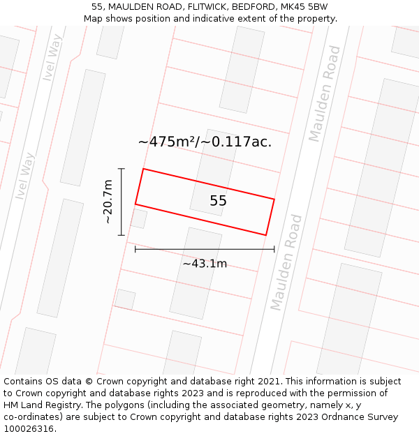55, MAULDEN ROAD, FLITWICK, BEDFORD, MK45 5BW: Plot and title map