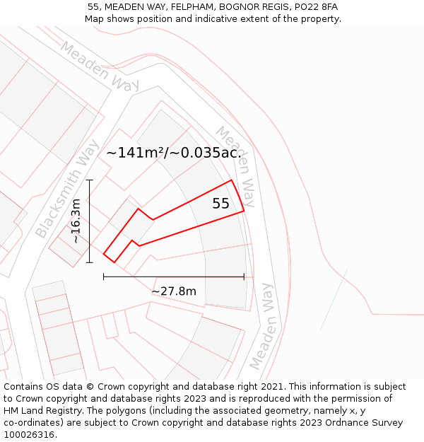 55, MEADEN WAY, FELPHAM, BOGNOR REGIS, PO22 8FA: Plot and title map