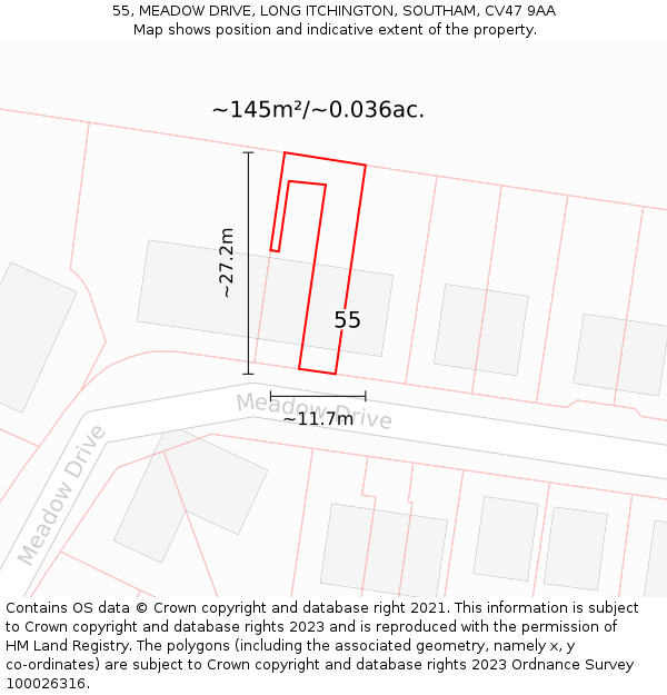 55, MEADOW DRIVE, LONG ITCHINGTON, SOUTHAM, CV47 9AA: Plot and title map
