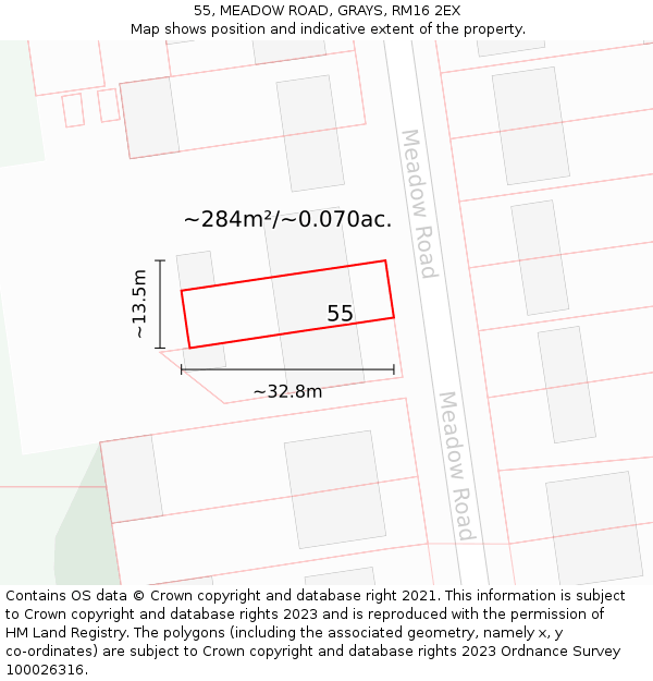 55, MEADOW ROAD, GRAYS, RM16 2EX: Plot and title map