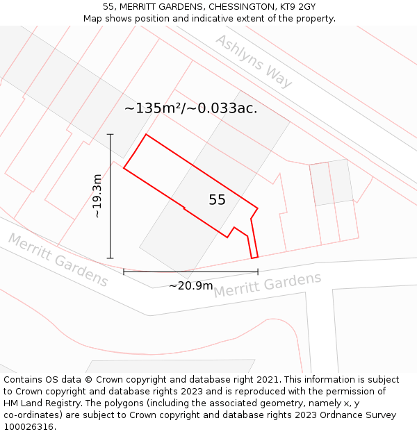 55, MERRITT GARDENS, CHESSINGTON, KT9 2GY: Plot and title map