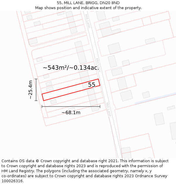 55, MILL LANE, BRIGG, DN20 8ND: Plot and title map