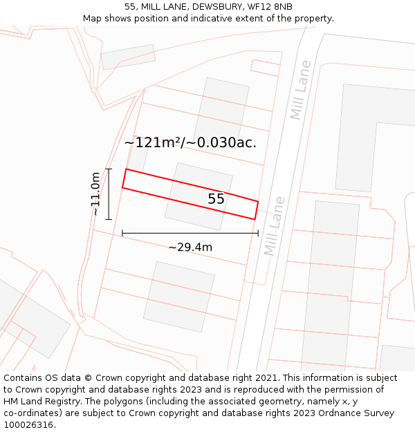 55, MILL LANE, DEWSBURY, WF12 8NB: Plot and title map
