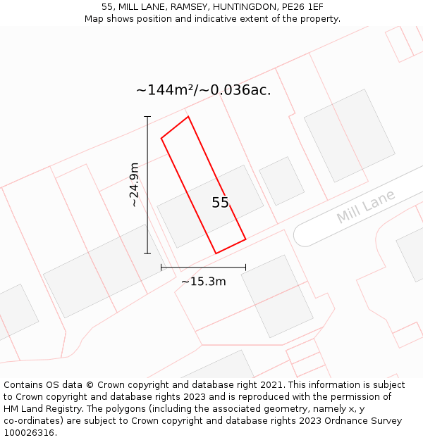 55, MILL LANE, RAMSEY, HUNTINGDON, PE26 1EF: Plot and title map