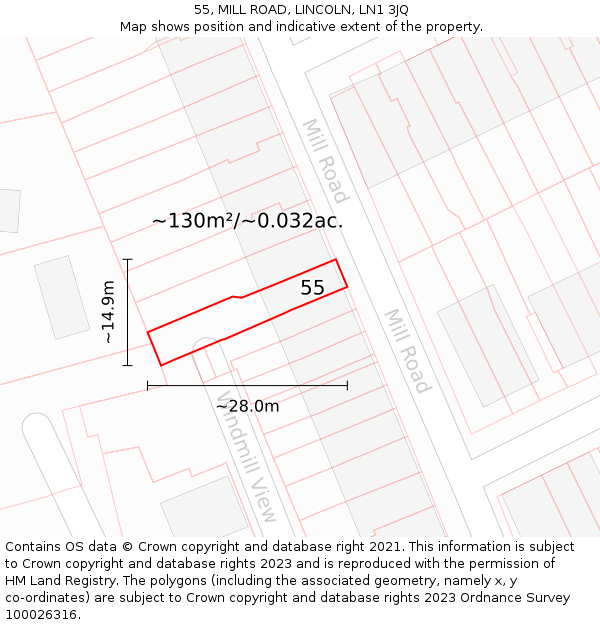 55, MILL ROAD, LINCOLN, LN1 3JQ: Plot and title map