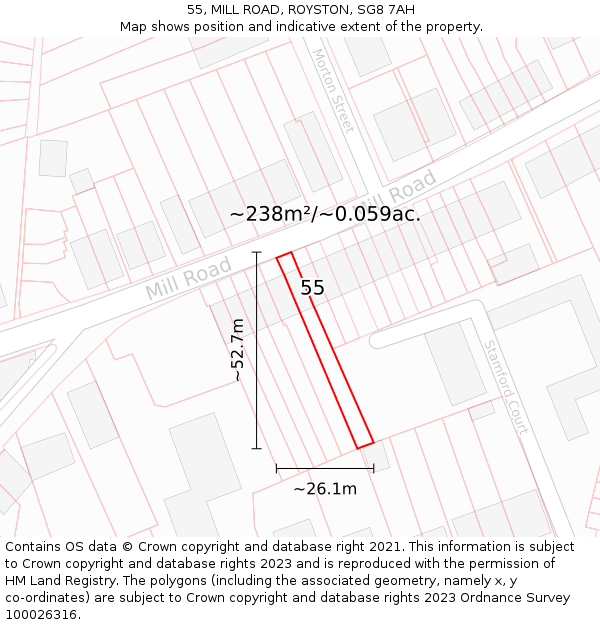 55, MILL ROAD, ROYSTON, SG8 7AH: Plot and title map