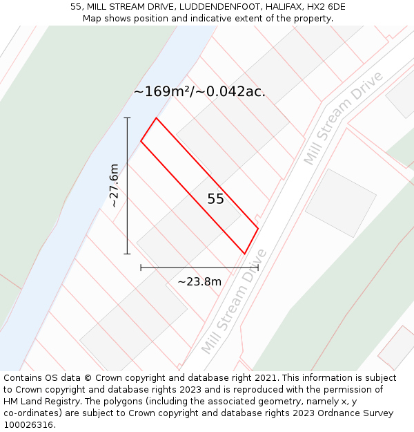 55, MILL STREAM DRIVE, LUDDENDENFOOT, HALIFAX, HX2 6DE: Plot and title map