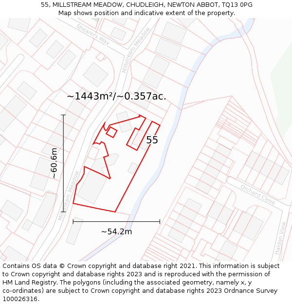 55, MILLSTREAM MEADOW, CHUDLEIGH, NEWTON ABBOT, TQ13 0PG: Plot and title map